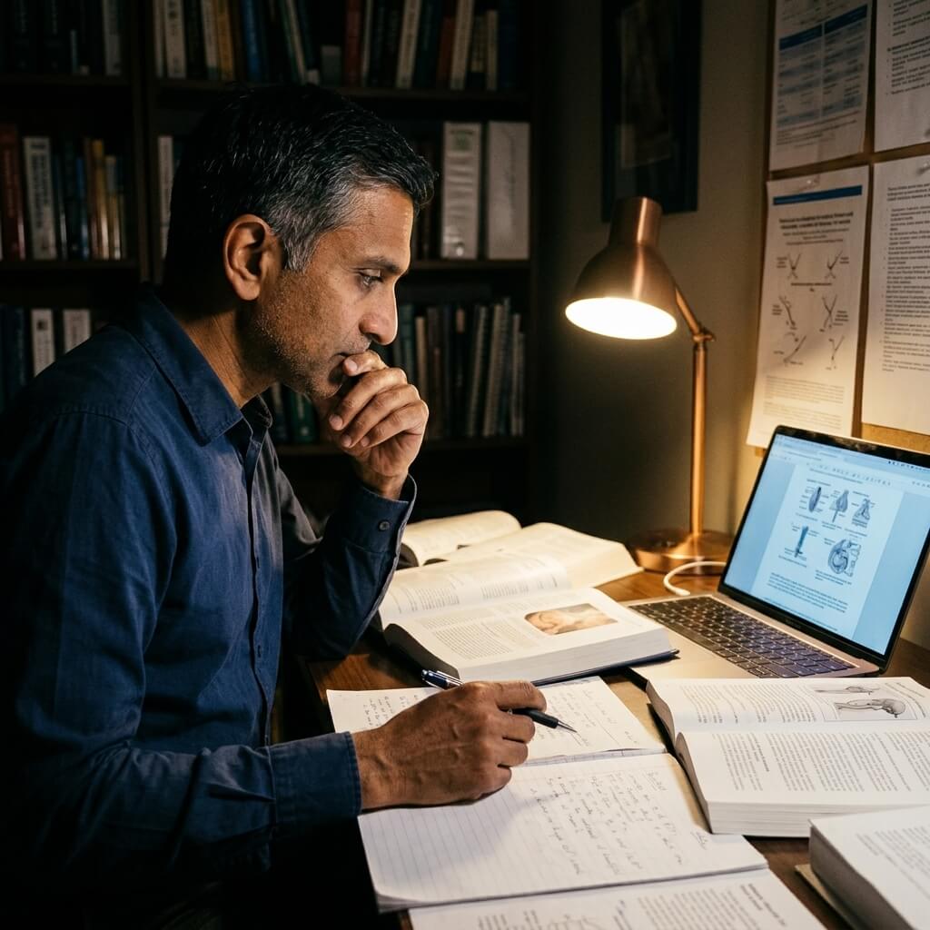 Dr. Karaan studying medical research late at night