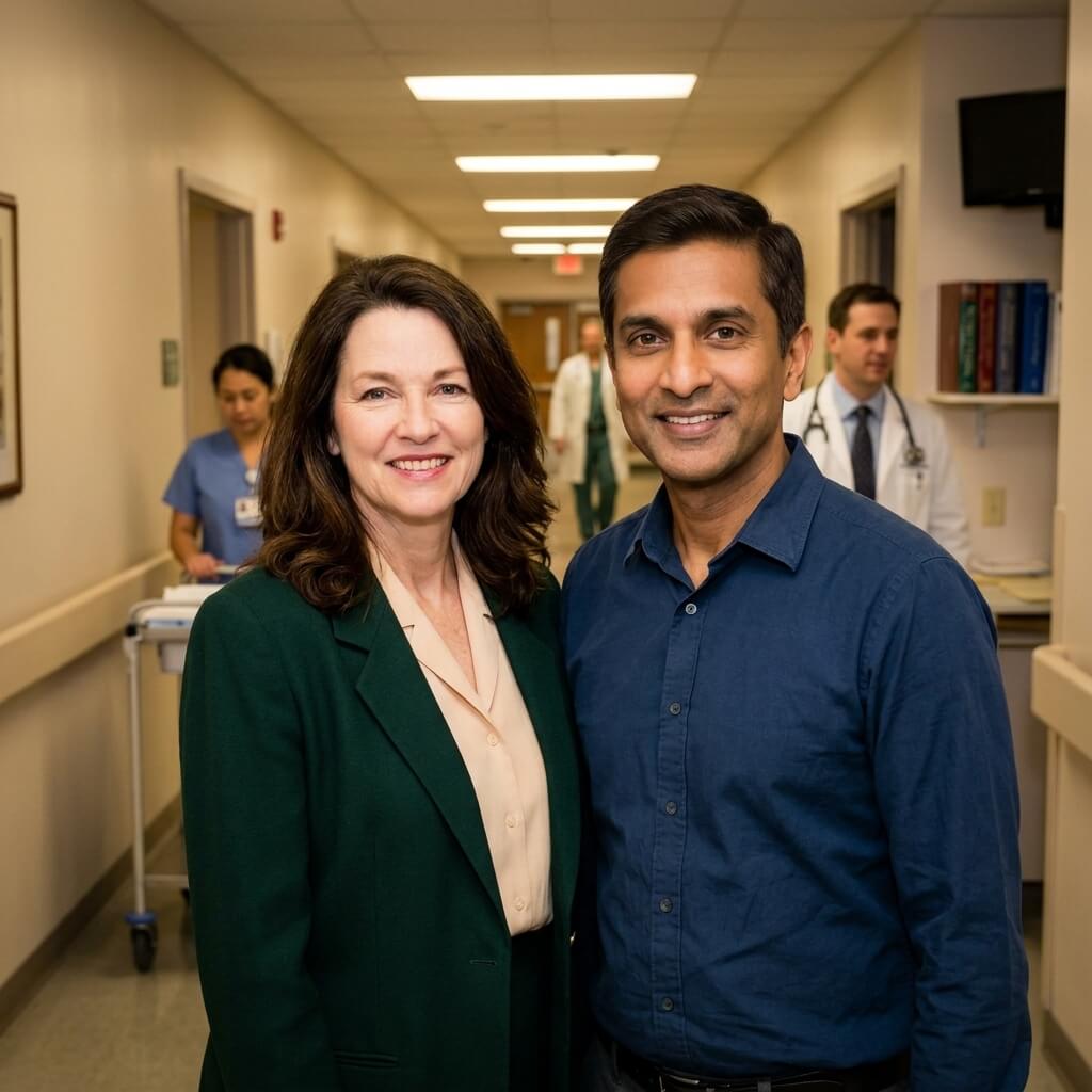 Dr. Brian Karaan and Dr. Eva in a hospital corridor