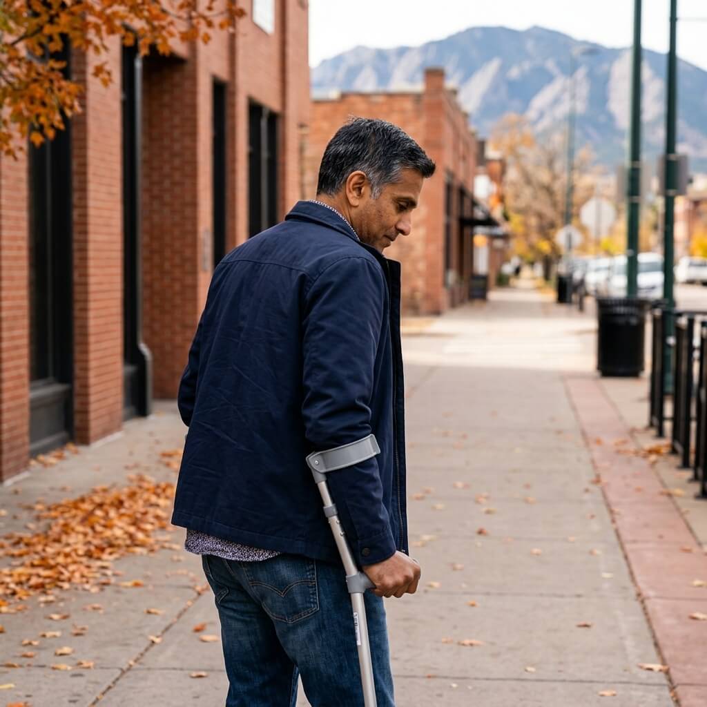Brian Karaan walking with a crutch on a Denver sidewalk in autumn
