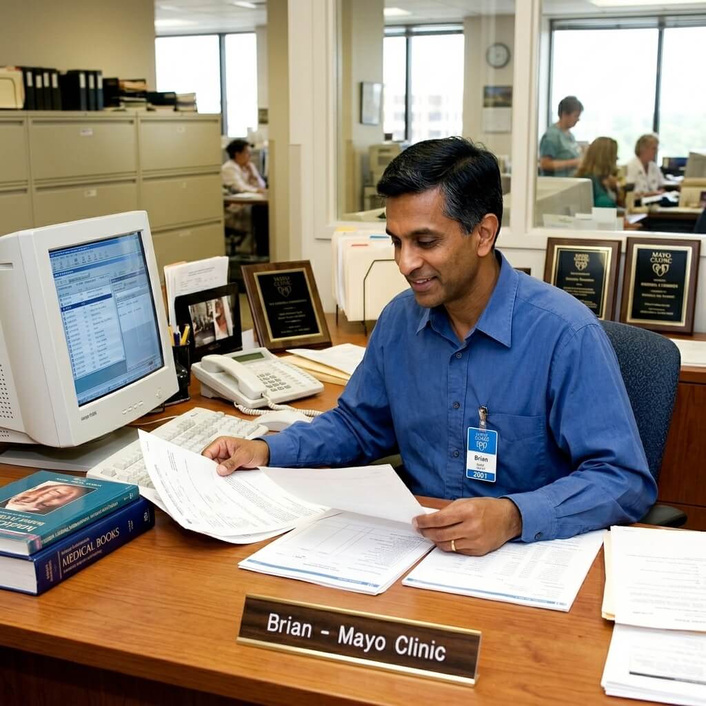 Dr. Brian Karaan at his Mayo Clinic desk, 2001
