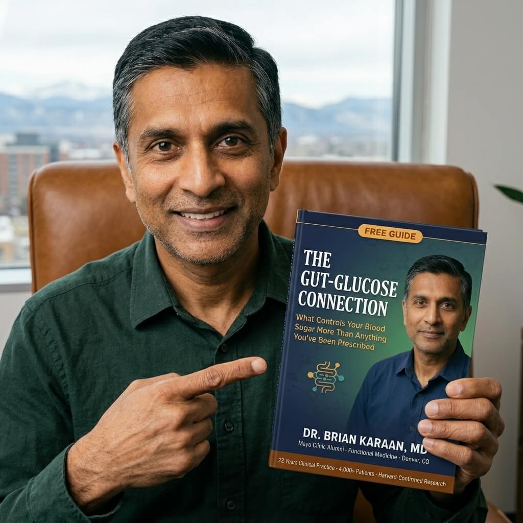 Dr. Brian Karaan holding The Gut-Glucose Connection free guide